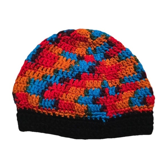 Beanie Crochet Handmade Flower Hat Women's‎ OS Orange Blue Multi Knit NEW - Picture 2 of 5
